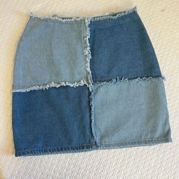 Y2K Patchwork Mini Denim Skirt Blue Jean Raw Hem Blueblush Blue Blush Size Small - Picture 1 of 8
